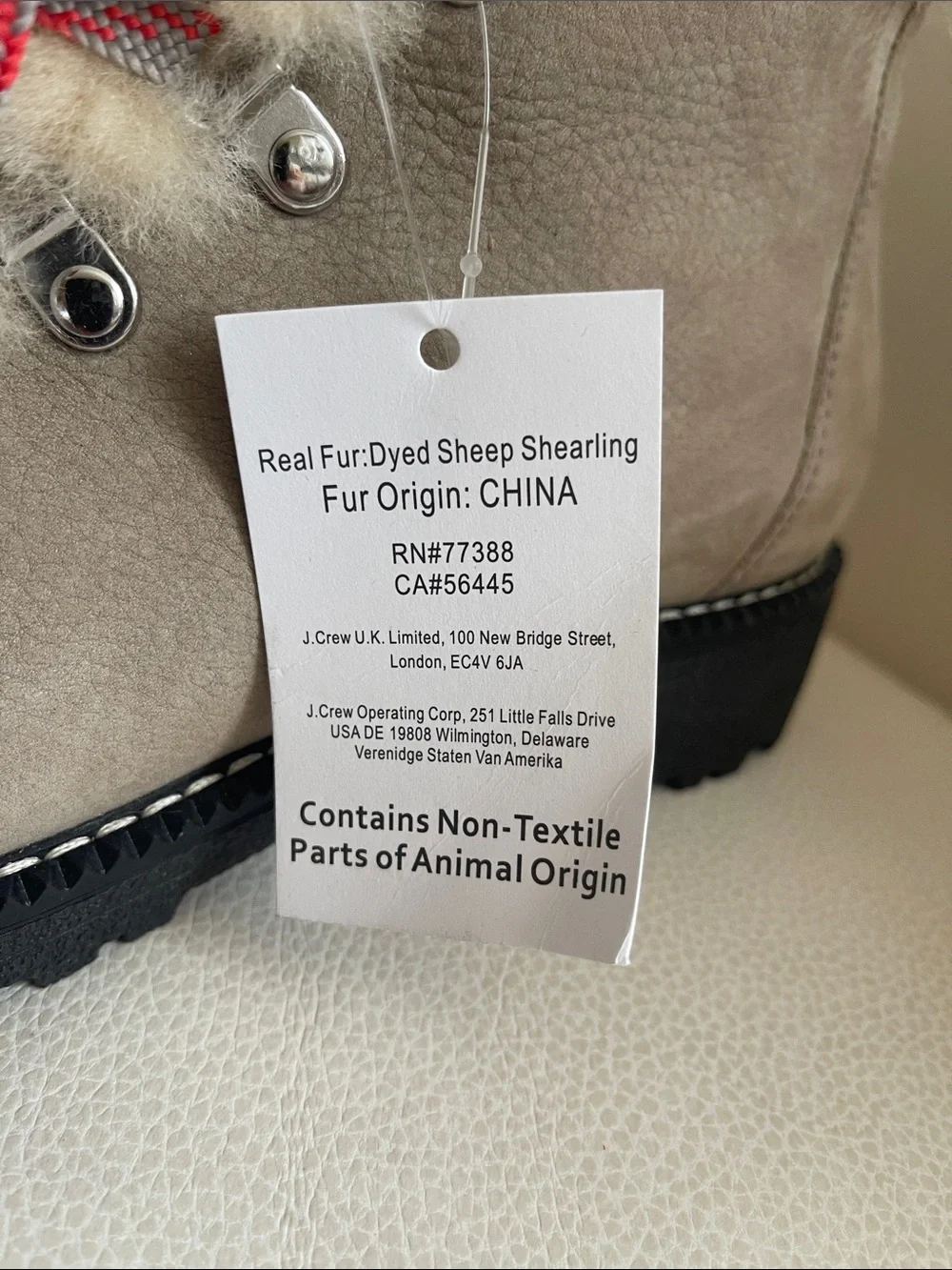 NEW J CREW Nordic Shearling-Lined Taupe Winter Boots with Red Accent Laces
